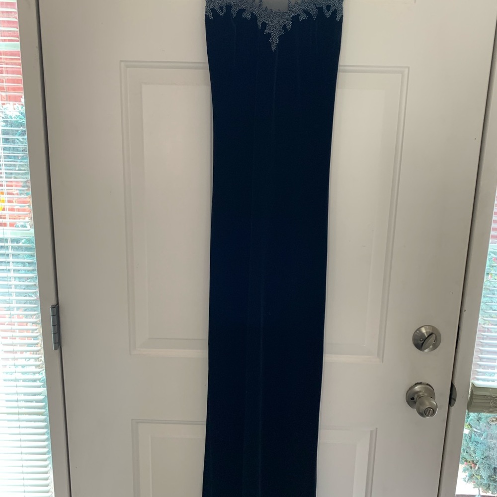 Reggio velvet evening gown with spaghetti straps and beaded detail